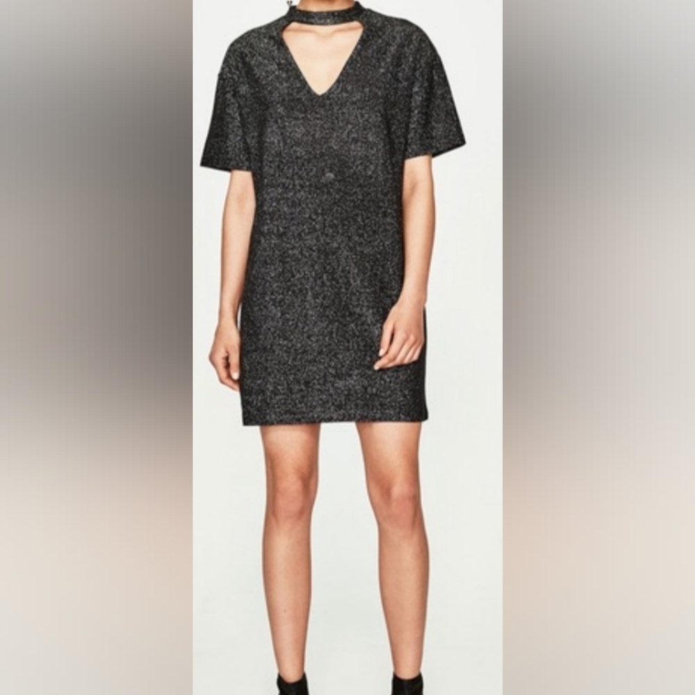 ZARA Christmas Holiday Party M Black Sparkly Dress with Sheer Back Panel(#1,027)